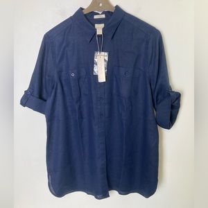NWT Chico’s 100% Linen Deep Navy Button Dwn 3/4 Sleeve Blouse Shirt, Chico’s 2.5